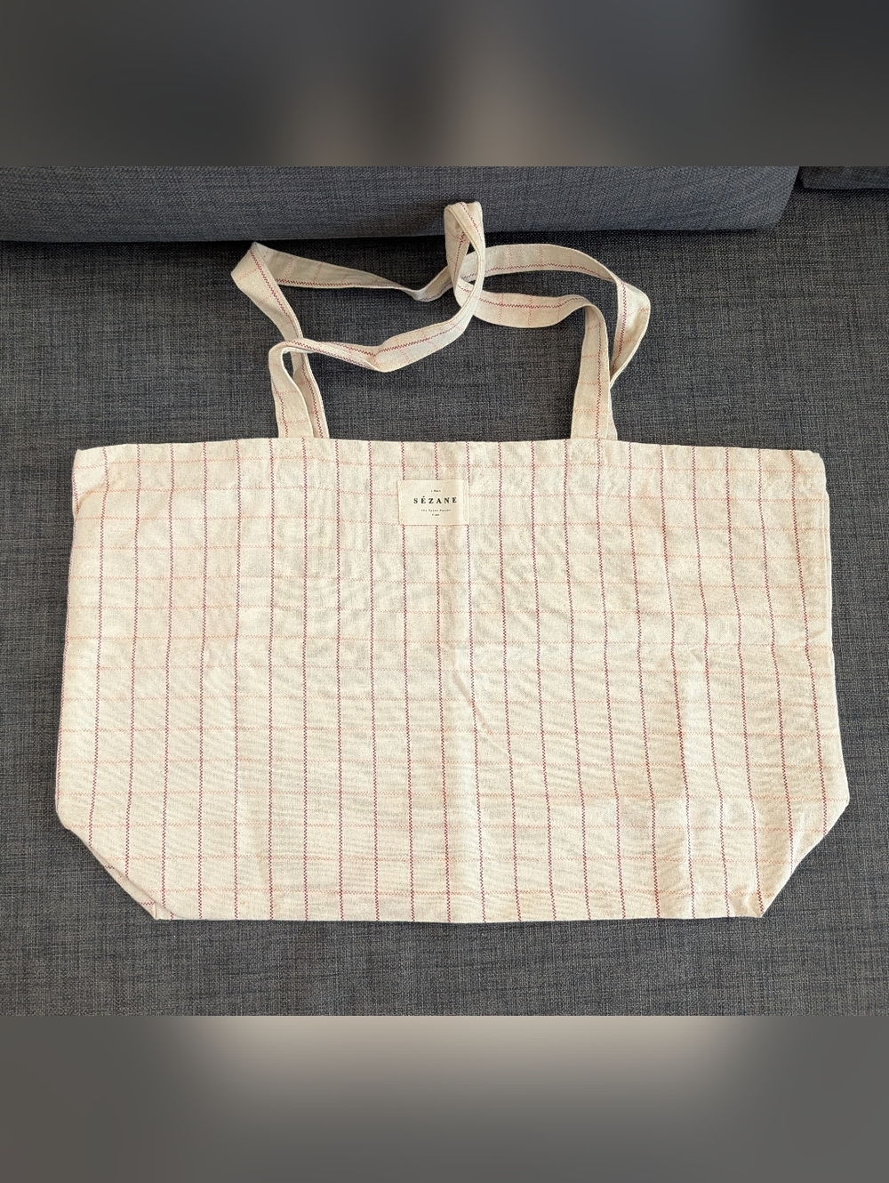 Sezane Carreaux Framboise Canvas Tote Bag